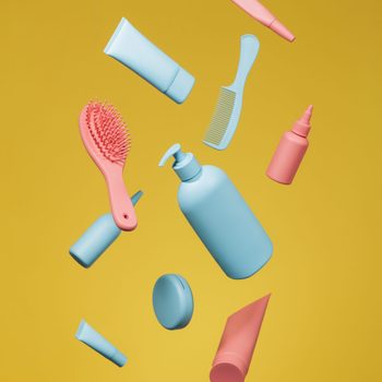 beauty products on yellow background