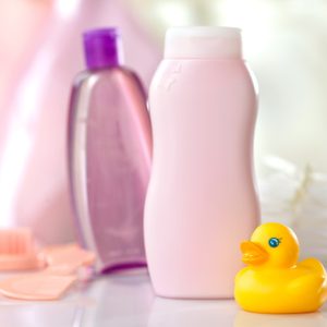 baby shampoo bottle and bath accessories